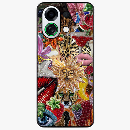 Beaded Fashion Jungle Glass Case showing flat back view with vibrant jungle inspired bead artwork and glossy glass finish.