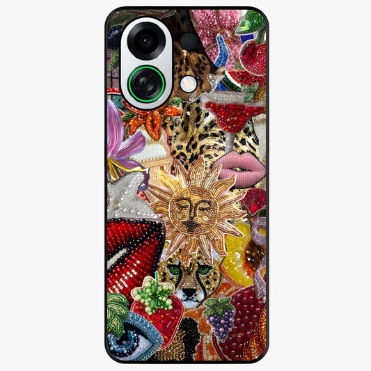 Beaded Fashion Jungle Glass Case showing flat back view with vibrant jungle inspired bead artwork and glossy glass finish.