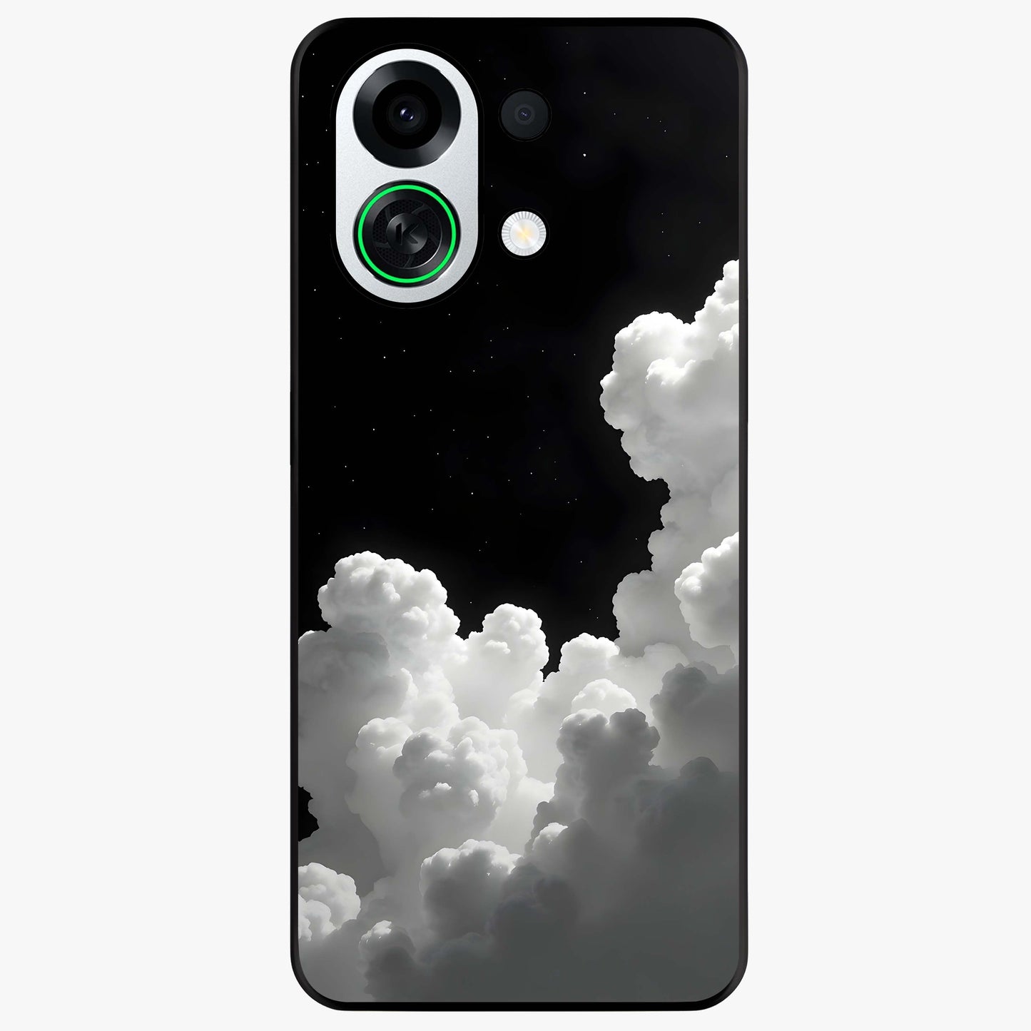 Black Background With White Cloud Glass Case showing flat back view with minimal cloud artwork on dark background and glossy glass finish.
