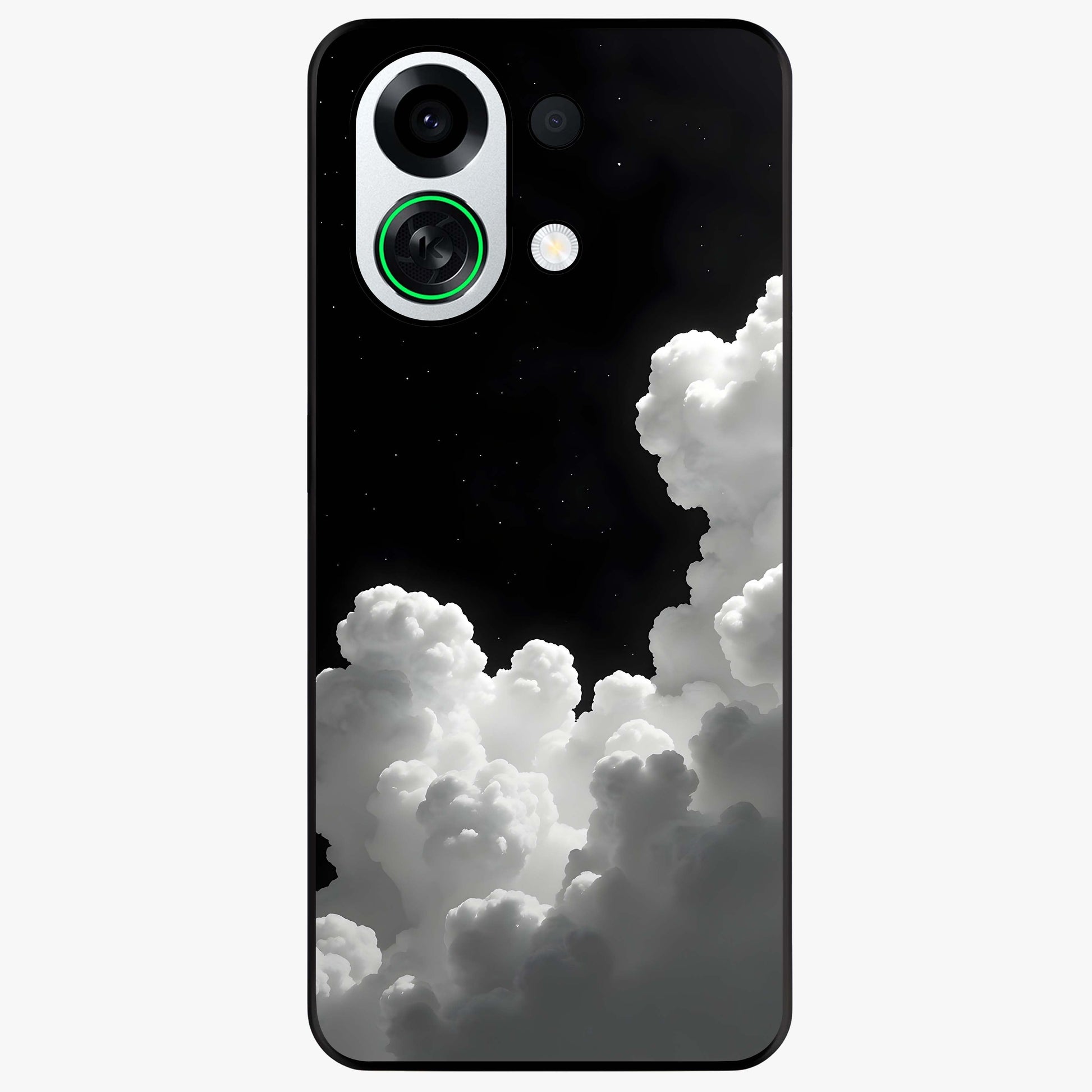 Black Background With White Cloud Glass Case showing flat back view with minimal cloud artwork on dark background and glossy glass finish.