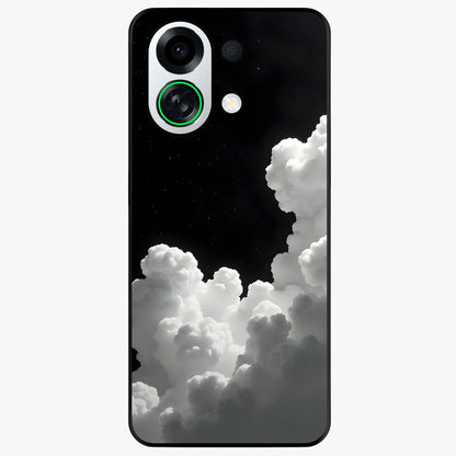 Black Background With White Cloud Glass Case showing flat back view with minimal cloud artwork on dark background and glossy glass finish.