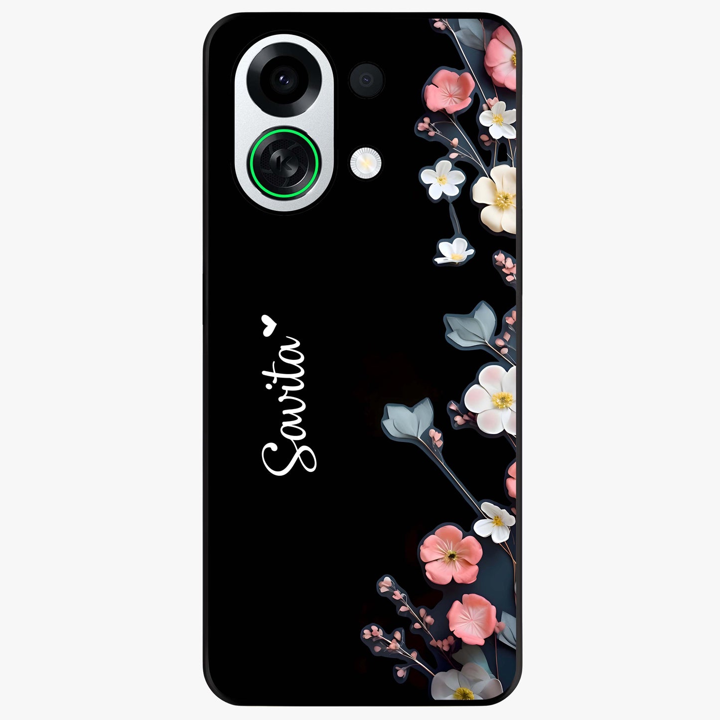 Black Elegance Floral Custom Name Glass Case showing flat back view with elegant floral artwork and personalized name design.
