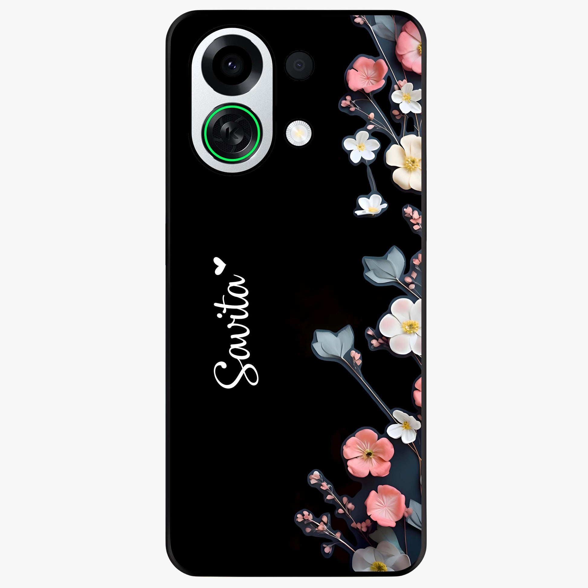 Black Elegance Floral Custom Name Glass Case showing flat back view with elegant floral artwork and personalized name design.