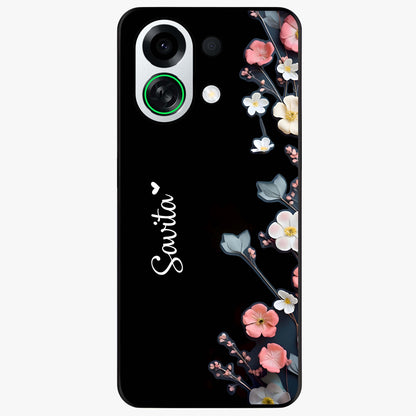 Black Elegance Floral Custom Name Glass Case showing flat back view with elegant floral artwork and personalized name design.