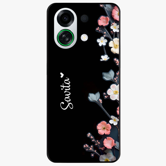 Black Elegance Floral Custom Name Glass Case showing flat back view with elegant floral artwork and personalized name design.