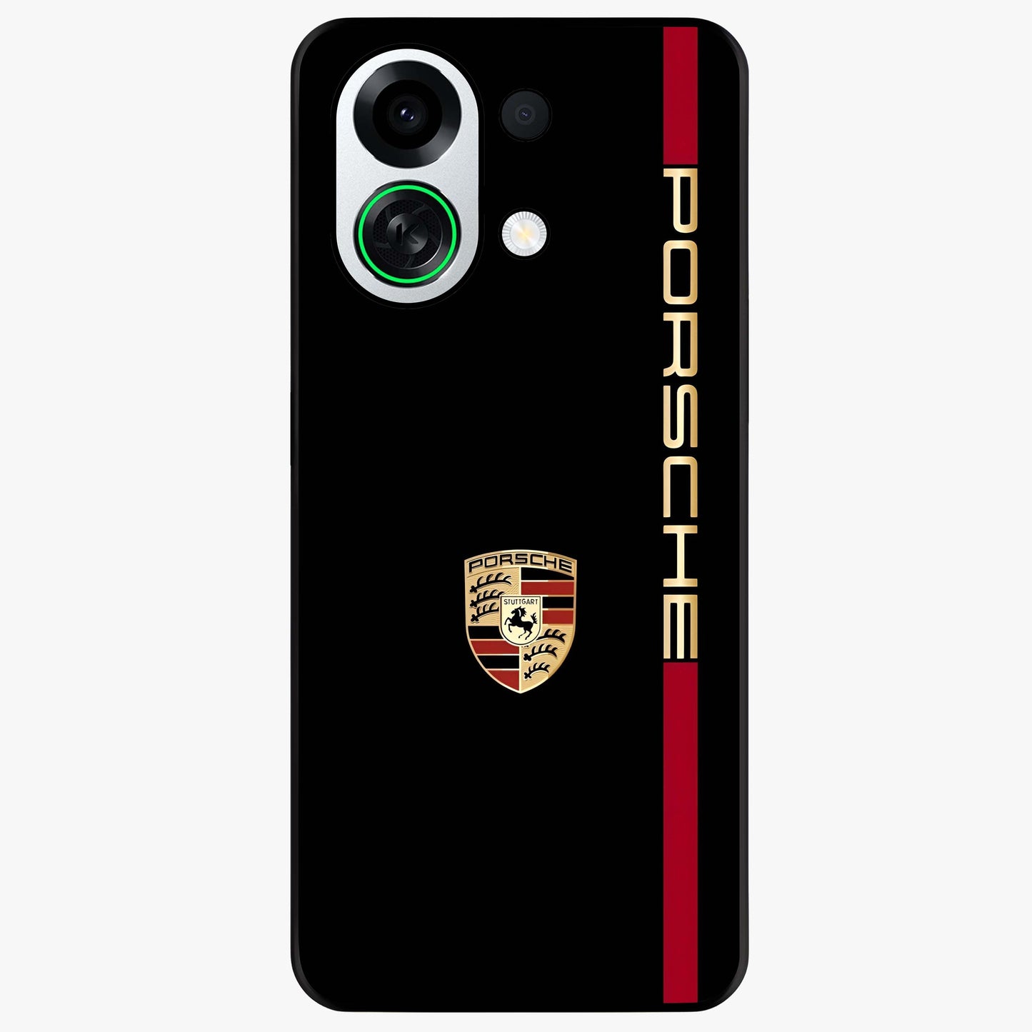 Black Minimal Porsche Glass Case showing flat back view with sleek minimal sports car artwork and glossy glass finish.