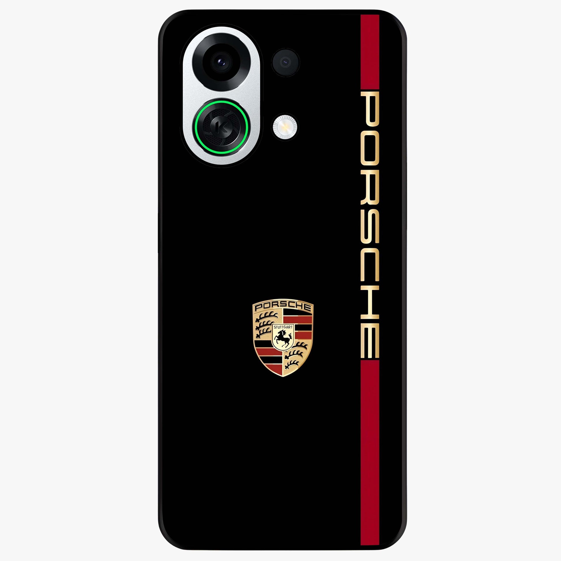 Black Minimal Porsche Glass Case showing flat back view with sleek minimal sports car artwork and glossy glass finish.