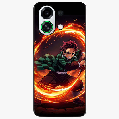 Blazing Sword Resolve Glass Case showing flat back view with fiery sword artwork and glossy glass finish.