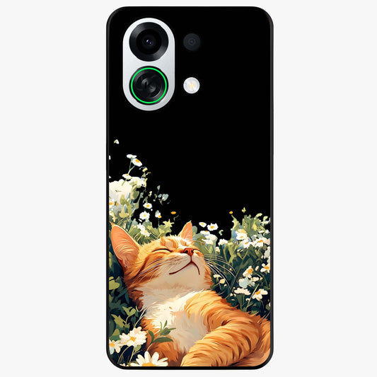 Blissful Bloom Cat Glass Case showing flat back view with cute cat and floral bloom artwork and glossy glass finish.