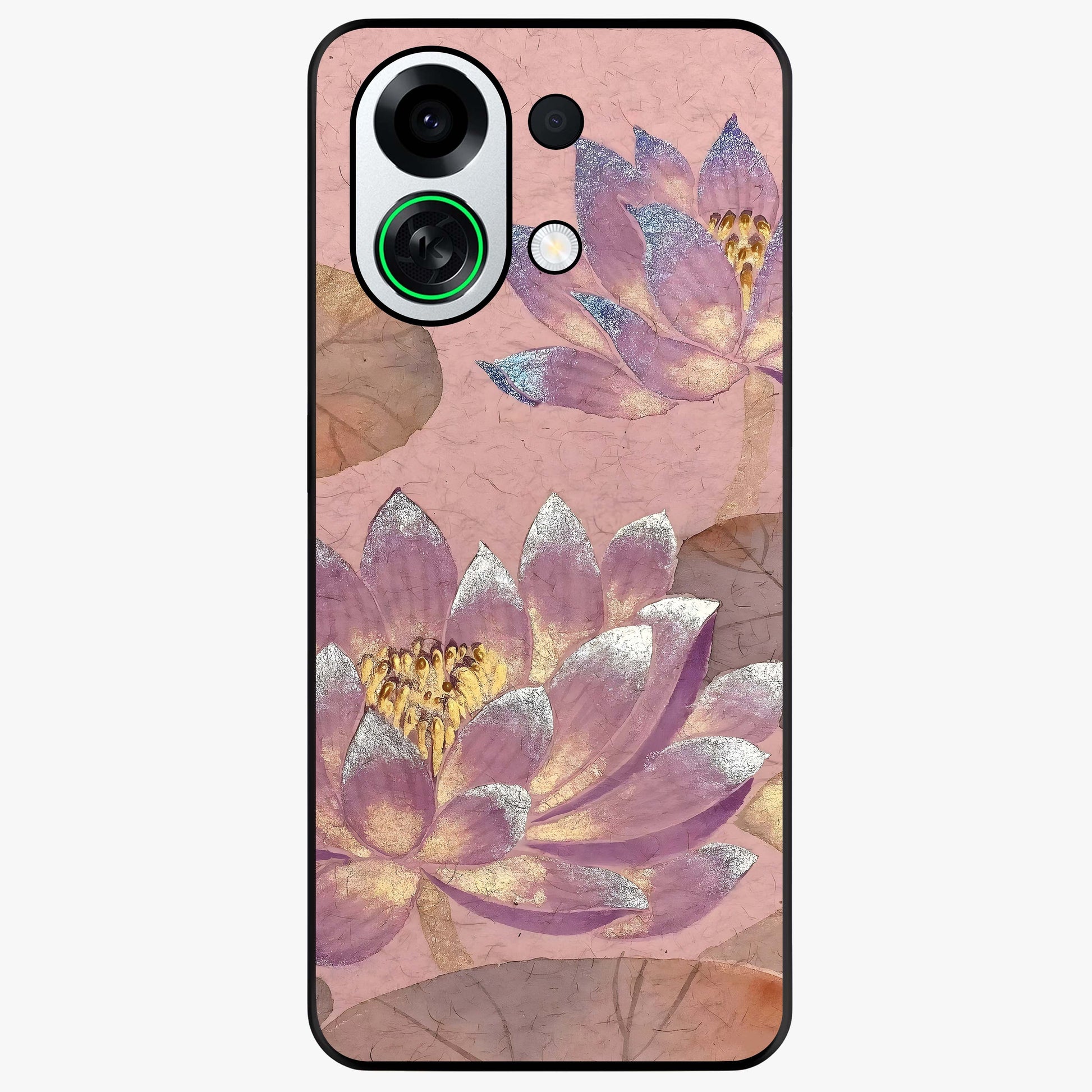 Blossom Mist Lotus Glass Case showing flat back view with serene lotus blossom artwork and glossy glass finish.