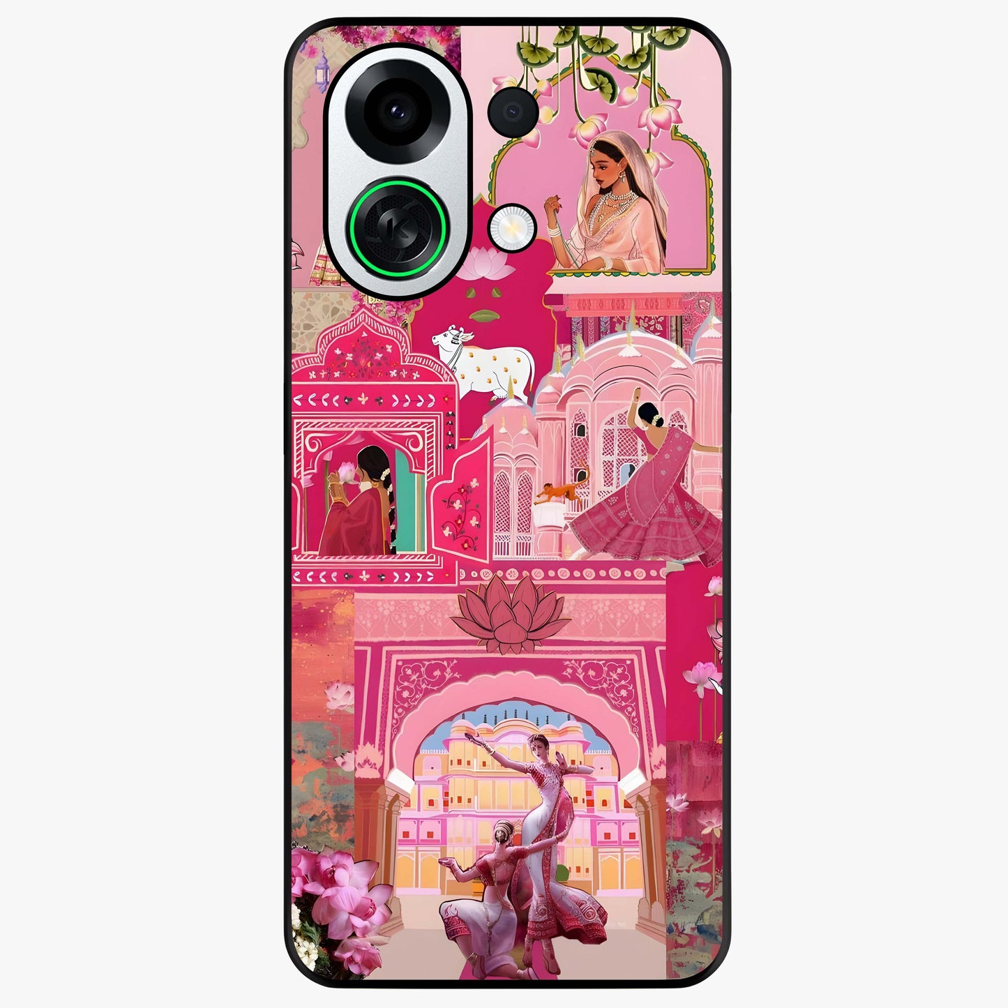 Blossoms of Rajasthan Glass Case showing flat back view with traditional floral artwork inspired by Rajasthan and glossy glass finish.
