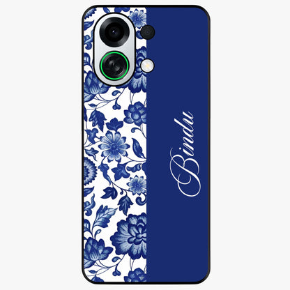 Blue Vintage Floral Pattern Glass Case upright view showcasing timeless floral illustration with vintage inspired style.