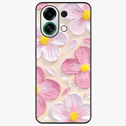 Blush Bloom Texture Glass Case showing flat back view with soft blush floral texture artwork and glossy glass finish.