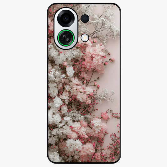 Blush Blossom Cloud Glass Case showing flat back view with dreamy blush cloud blossom artwork and glossy glass finish.