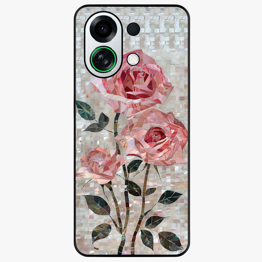 Blush Mosaic Bloom Glass Case showing flat back view with mosaic floral bloom artwork and glossy glass finish.