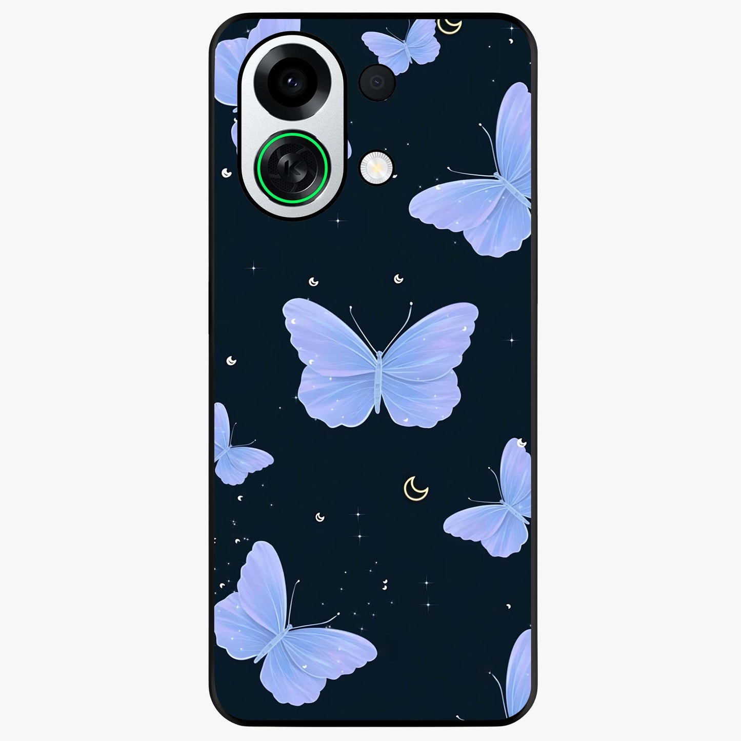 Butterfly With Stars Pattern Glass Case showing flat back view with butterfly and star pattern artwork and glossy glass finish.