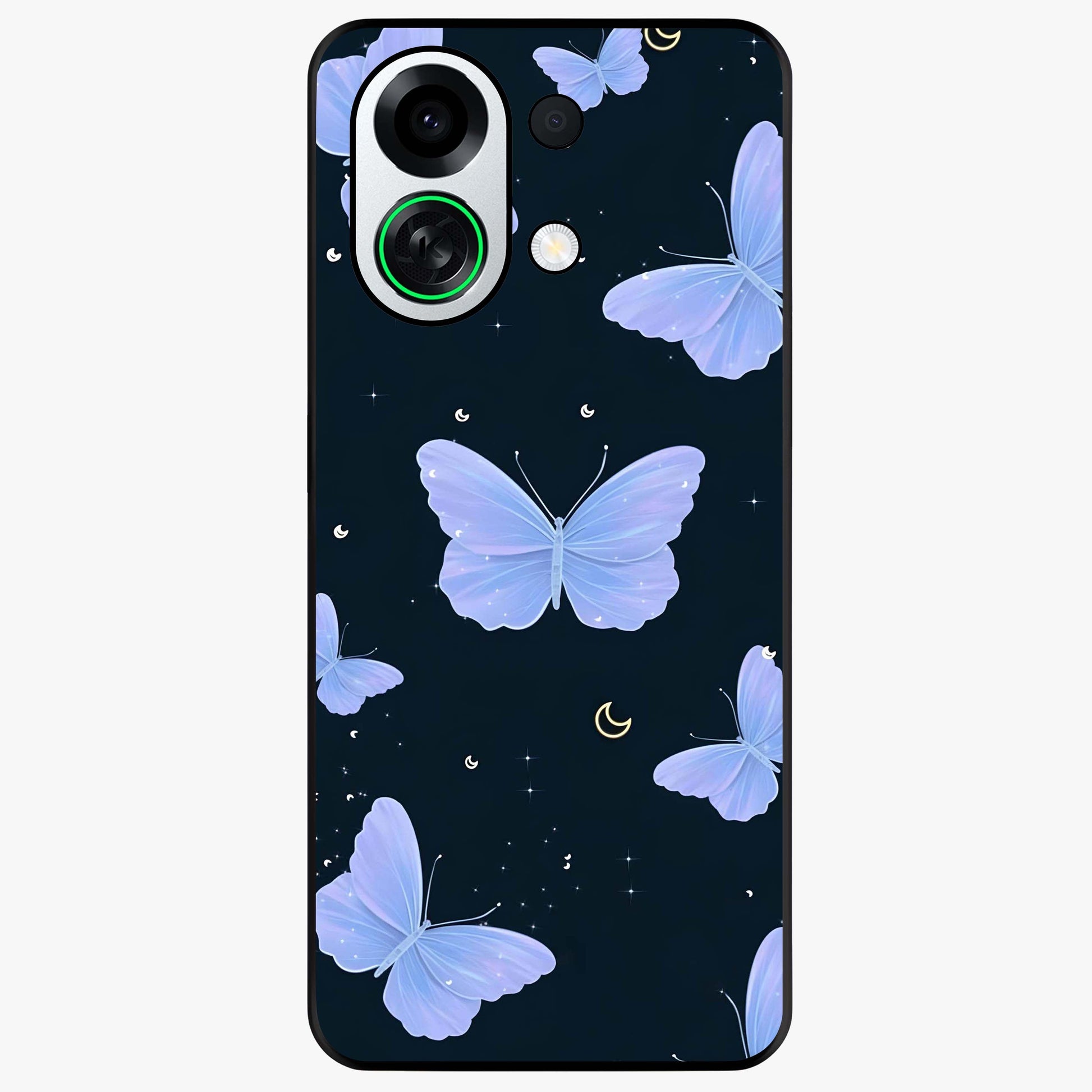 Butterfly With Stars Pattern Glass Case showing flat back view with butterfly and star pattern artwork and glossy glass finish.