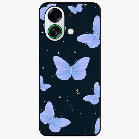 Butterfly With Stars Pattern Glass Case showing flat back view with butterfly and star pattern artwork and glossy glass finish.