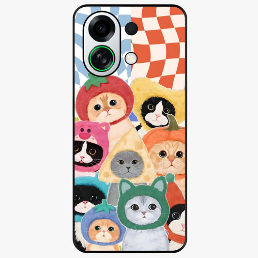 Cats in Fruits Glass Case showing flat back view with playful cat illustrations inside fruit artwork and glossy glass finish.