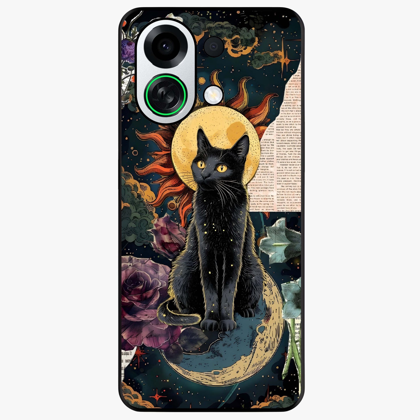 Celestial Black Cat Glass Case showing flat back view with mystical black cat artwork and glossy glass finish.