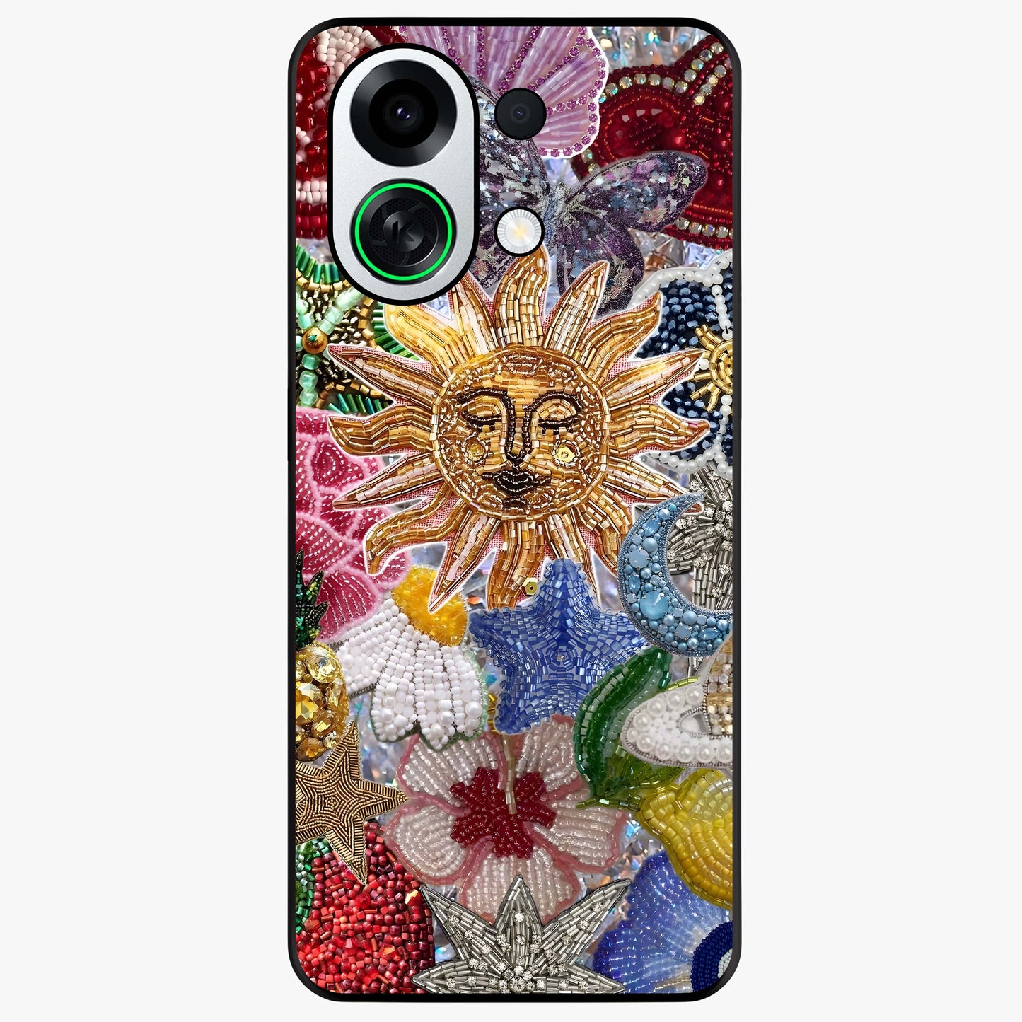 Celestial Floral and Playful Glass Case showing flat back view with floral and celestial themed artwork and glossy glass finish.