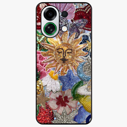 Celestial Floral and Playful Glass Case showing flat back view with floral and celestial themed artwork and glossy glass finish.