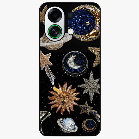 Celestial Gem Constellations Glass Case showing flat back view with sparkling constellation artwork and glossy glass finish.