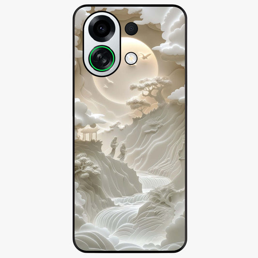Celestial Origami Glass Case showing flat back view with artistic origami inspired celestial artwork and glossy glass finish.