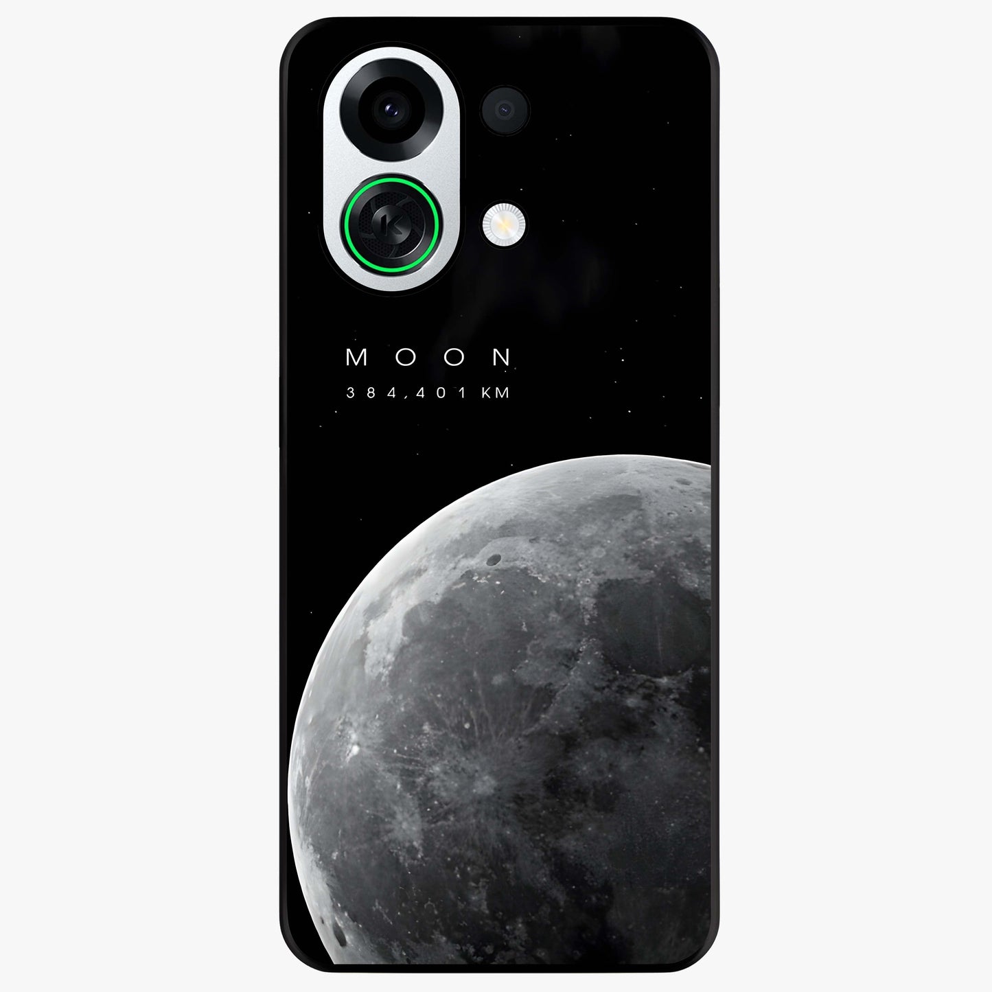 Cosmic Moon Glow Glass Case showing flat back view with glowing moon artwork and glossy glass finish.