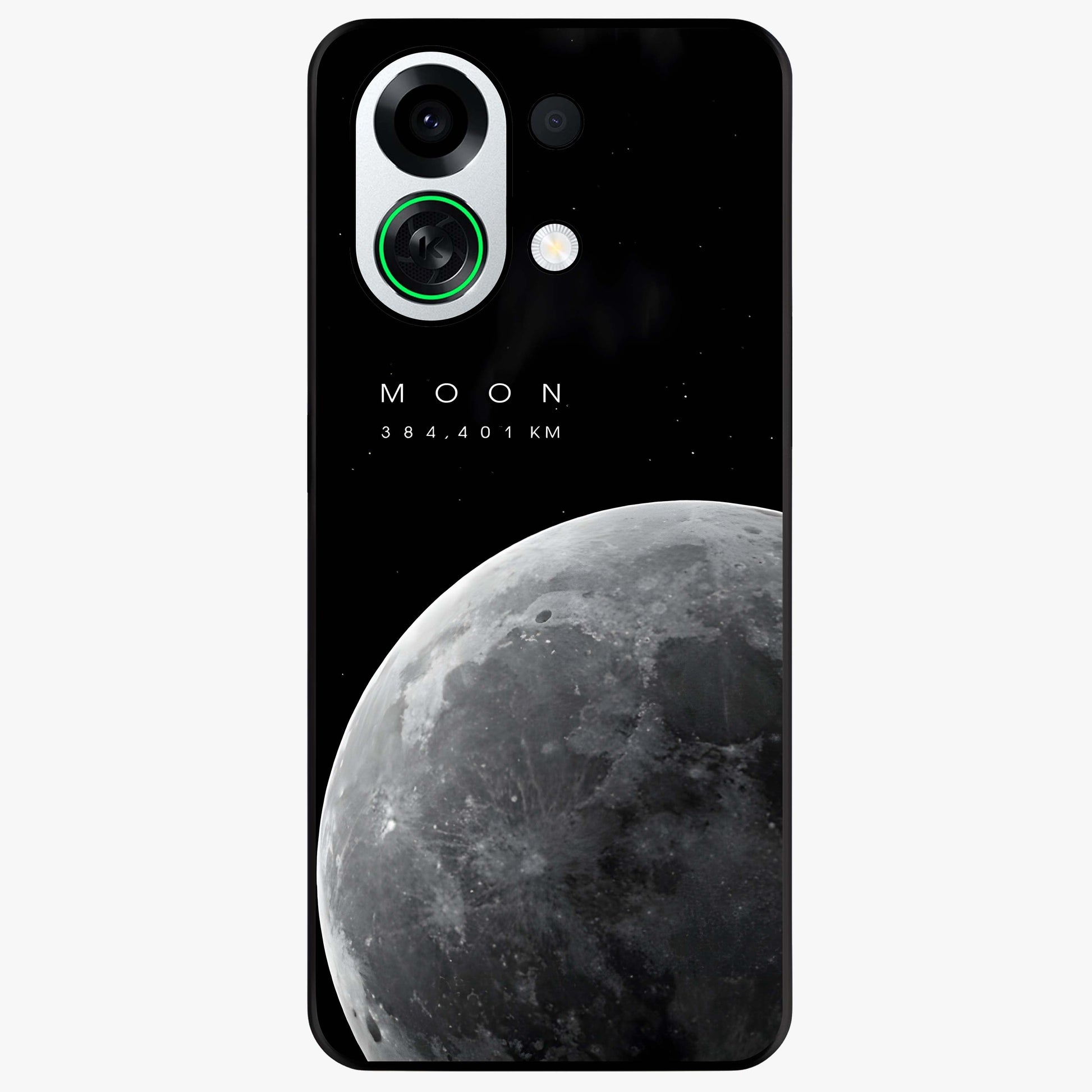 Cosmic Moon Glow Glass Case showing flat back view with glowing moon artwork and glossy glass finish.
