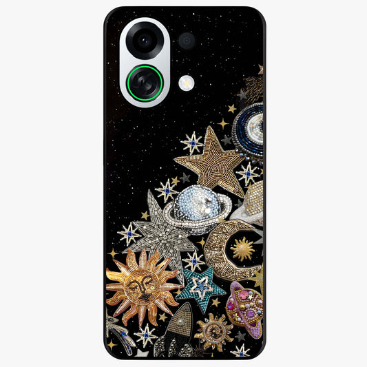 Cosmic Sparkle Dreams Glass Case showing flat back view with sparkling cosmic artwork and glossy glass finish.