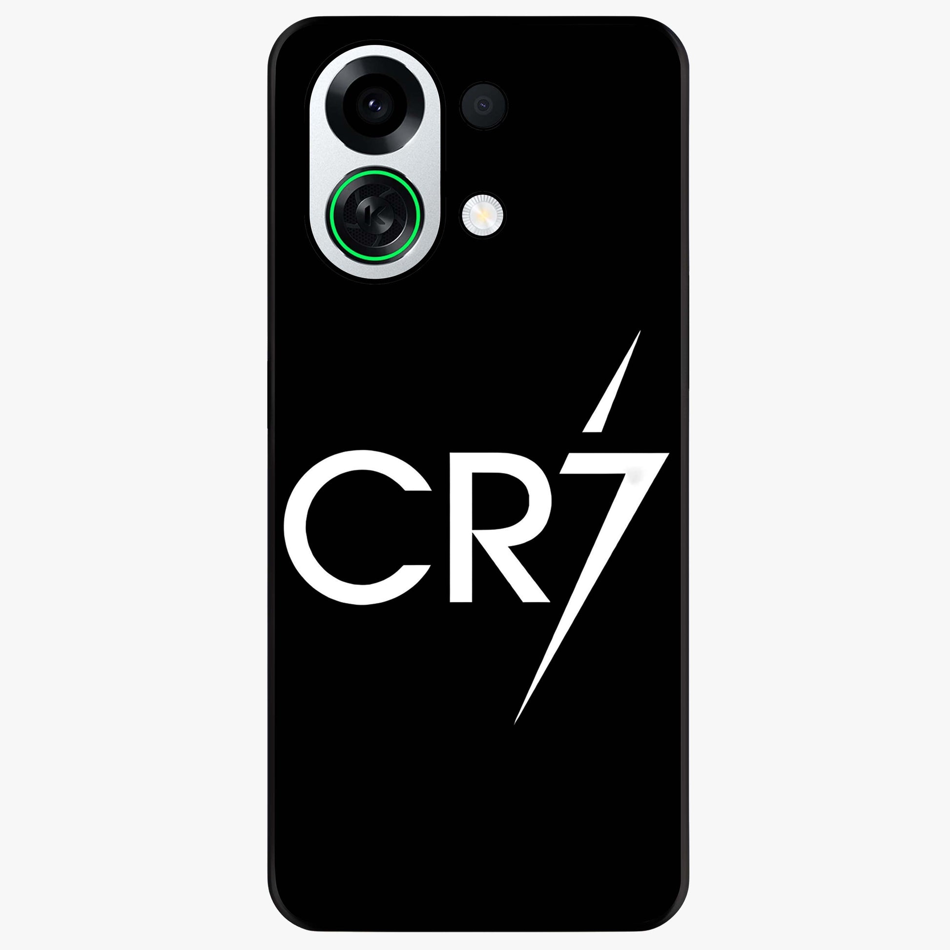 Cr7 Elite Strike Glass Case showing flat back view with dynamic football inspired artwork and glossy glass finish.