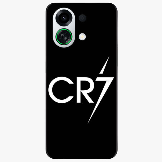Cr7 Elite Strike Glass Case showing flat back view with dynamic football inspired artwork and glossy glass finish.
