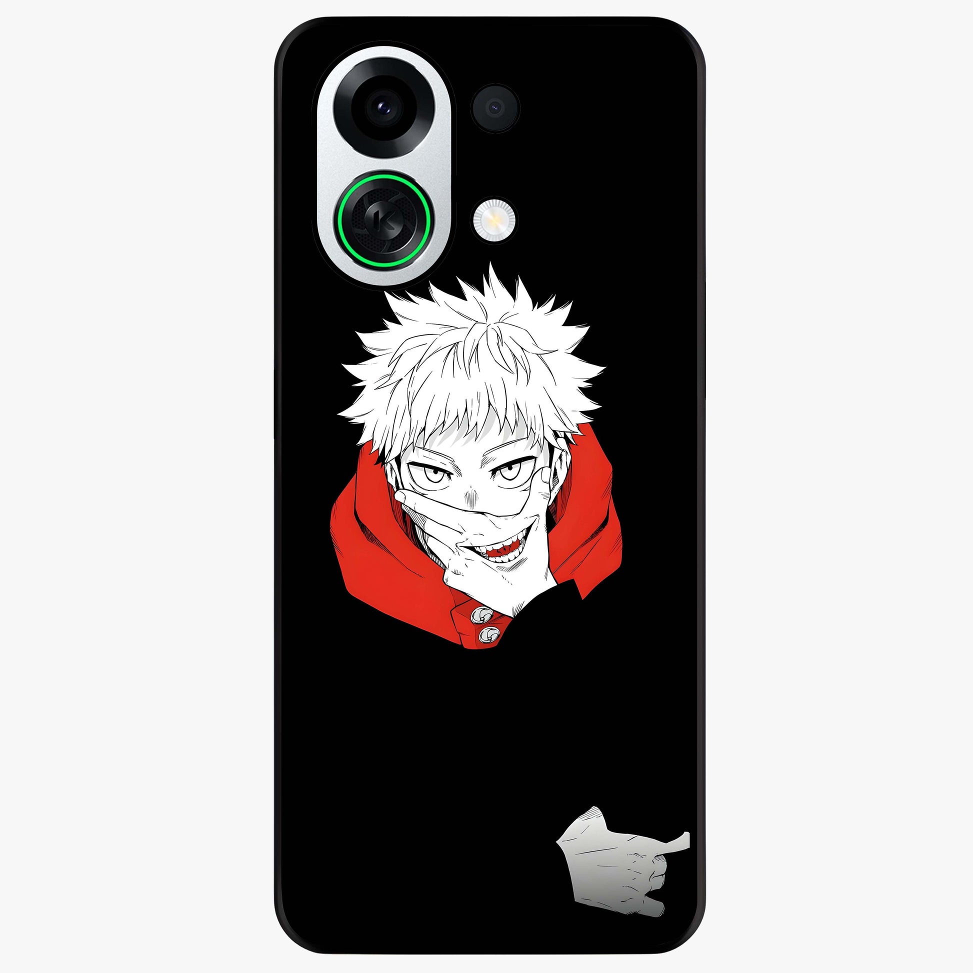 Crimson Chaos Smile Glass Case showing flat back view with bold chaotic smile artwork and glossy glass finish.