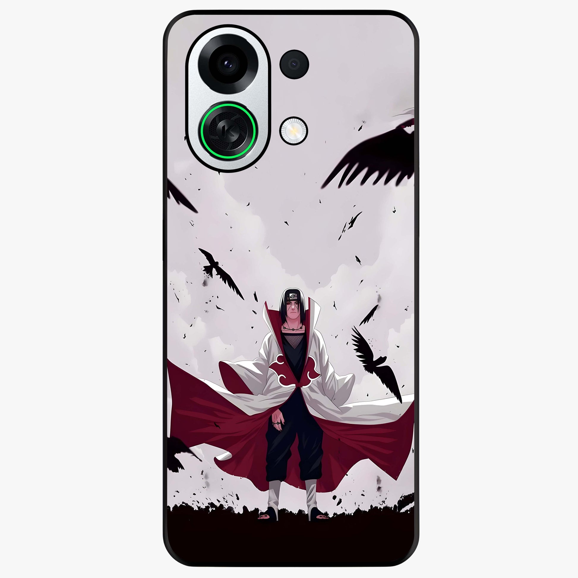 Crimson Crow Ascension Glass Case showing flat back view with mystical crow artwork and glossy glass finish.