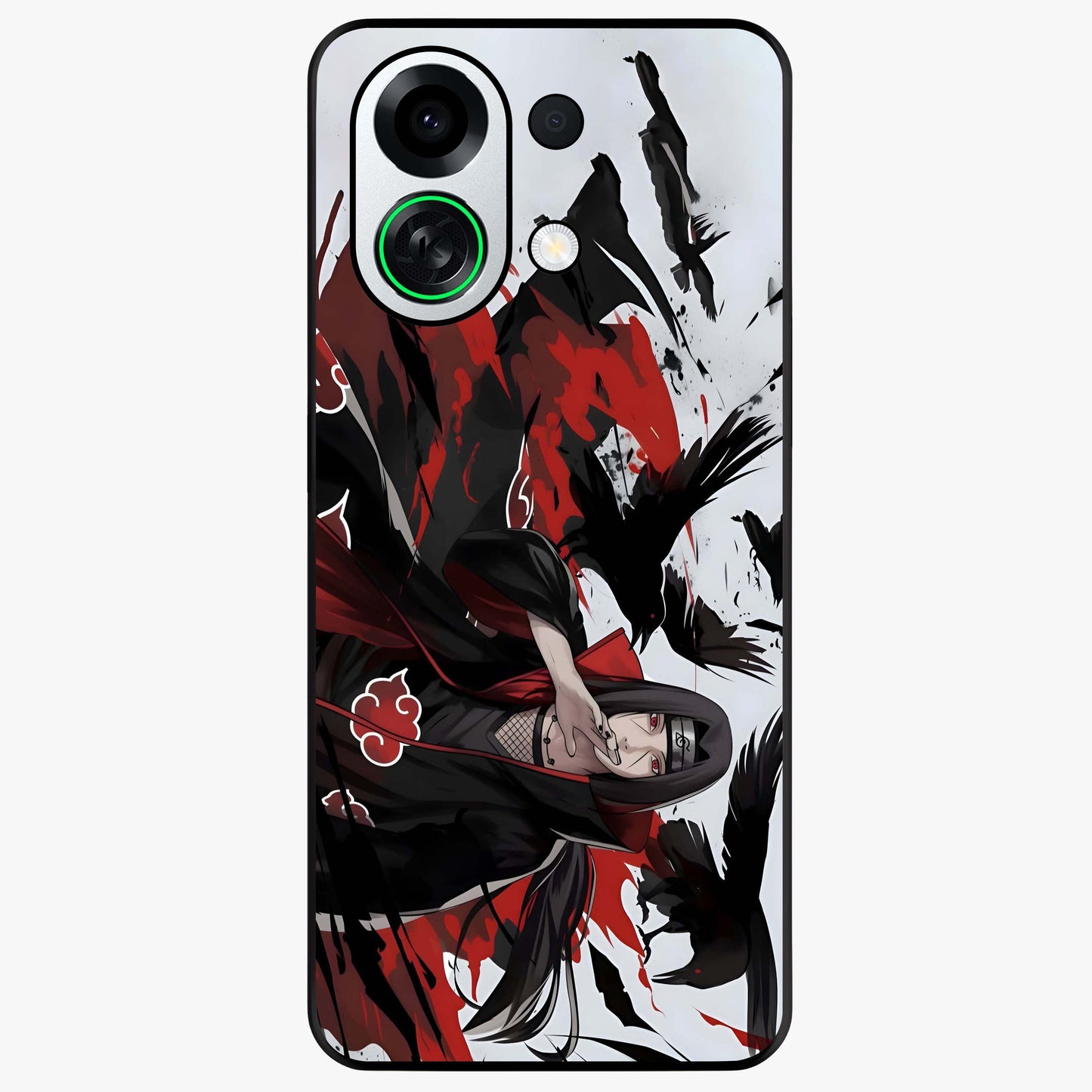 Crimson Crow Illusion Glass Case showing flat back view with artistic crow illusion artwork and glossy glass finish.
