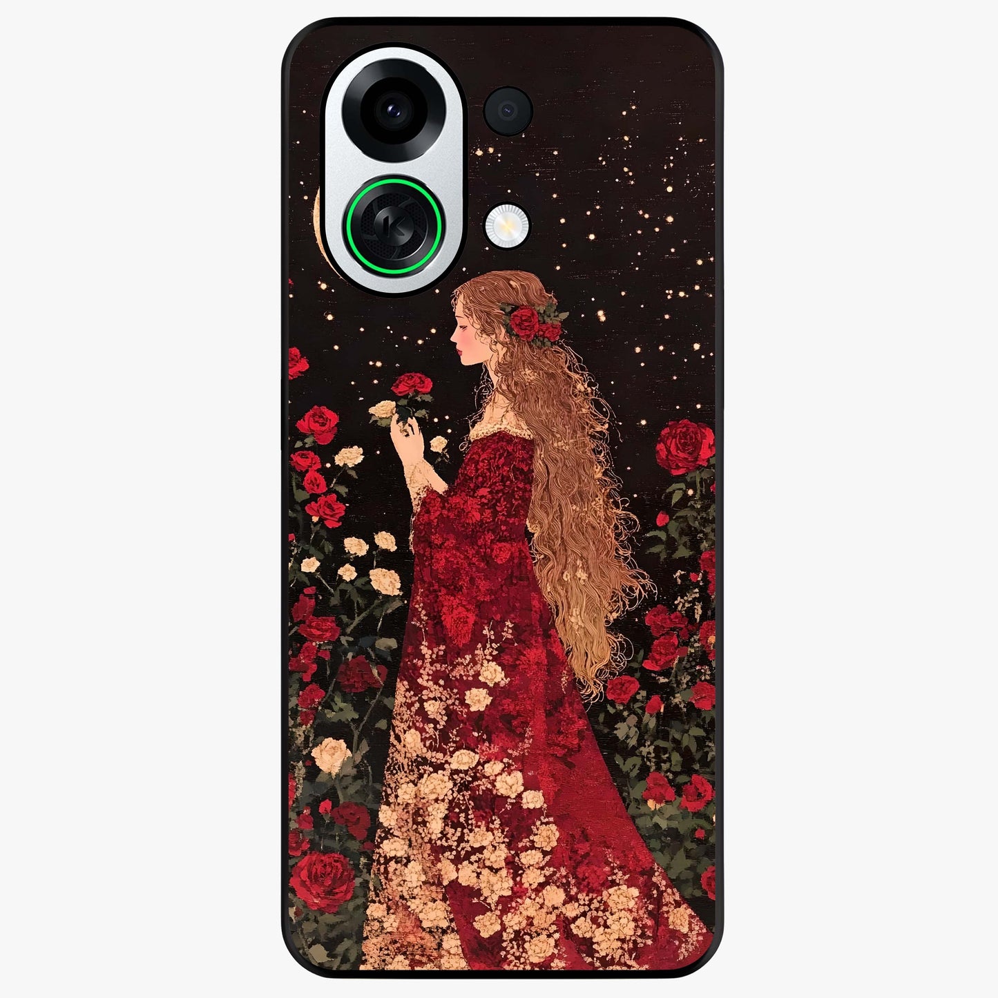 Crimson Dreams Glass Case showing flat back view with dreamy crimson artwork and glossy glass finish.