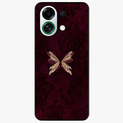 Crimson Fade Butterfly Glass Case showing flat back view with fading butterfly artwork and glossy glass finish.