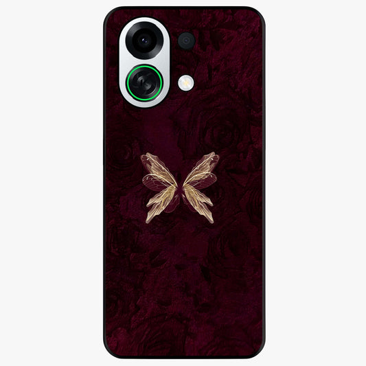 Crimson Fade Butterfly Glass Case showing flat back view with fading butterfly artwork and glossy glass finish.