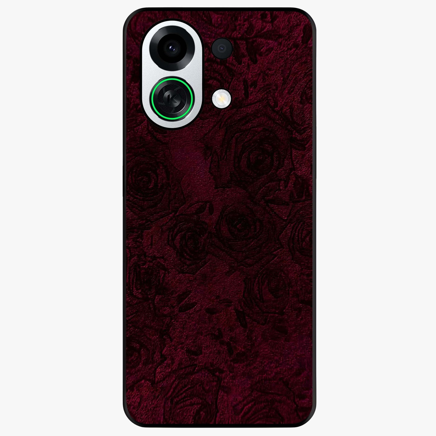 Crimson Fade Flow Glass Case showing flat back view with flowing crimson gradient artwork and glossy glass finish.