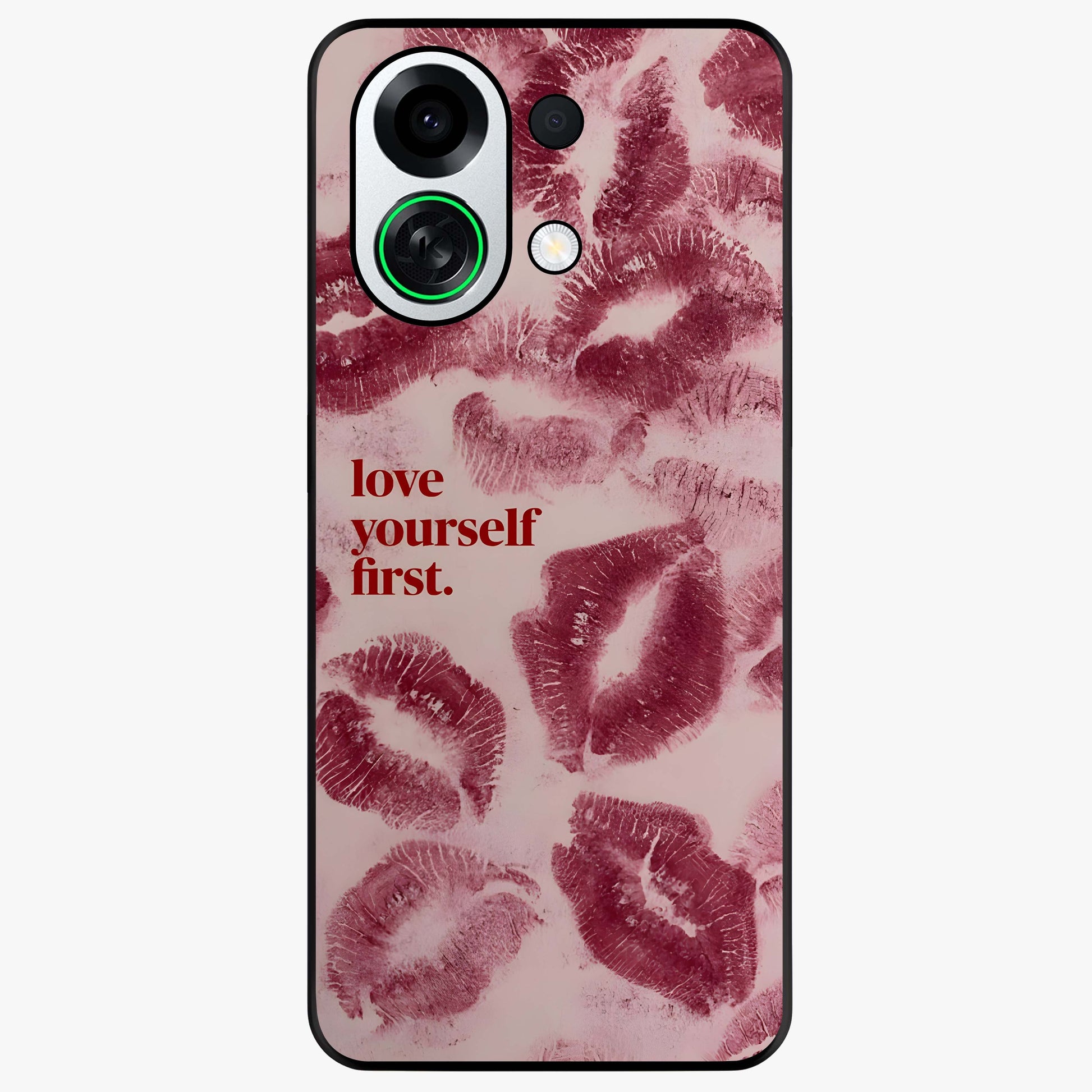Crimson Kiss Love Glass Case showing flat back view with romantic crimson themed artwork and glossy glass finish.
