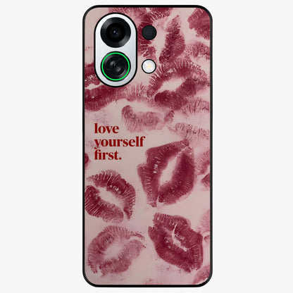 Crimson Kiss Love Glass Case showing flat back view with romantic crimson themed artwork and glossy glass finish.