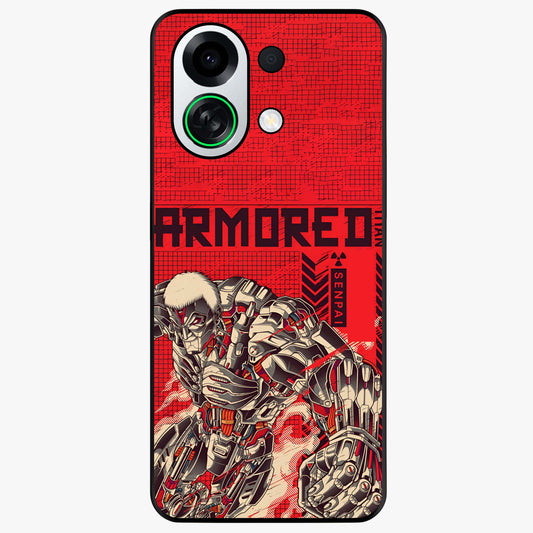 Crimson Mecha Titan Glass Case showing flat back view with powerful mech titan artwork and glossy glass finish.