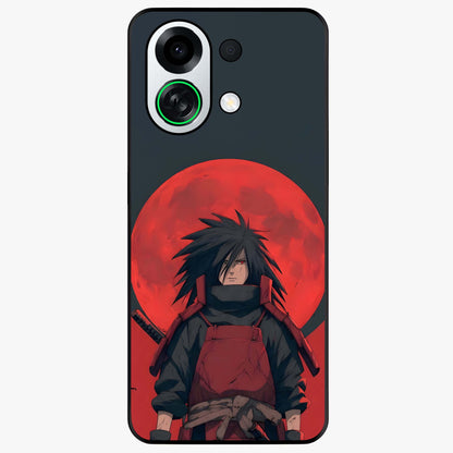 Crimson Moon Warlord Glass Case showing flat back view with mystical moon warrior artwork and glossy glass finish.