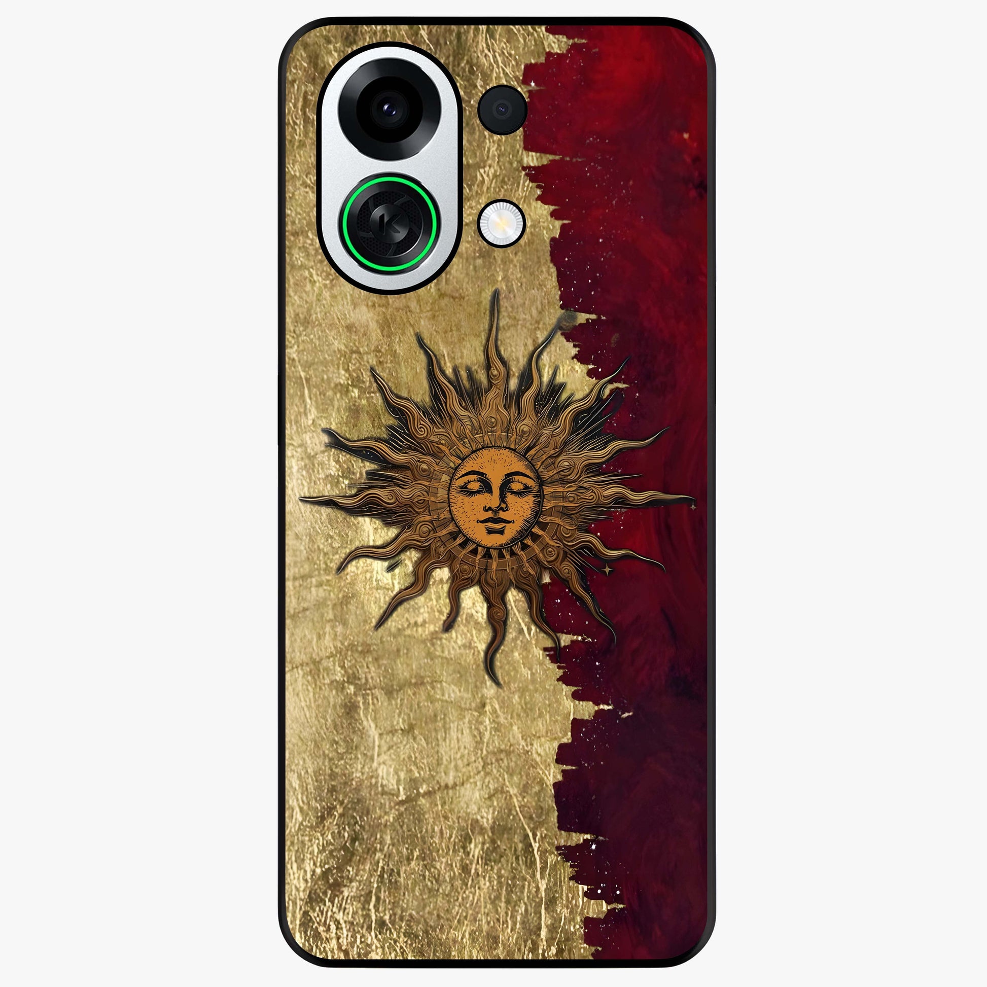 Crimson Sun Majesty Glass Case showing flat back view with radiant sun inspired artwork and glossy glass finish.
