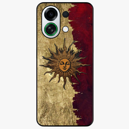 Crimson Sun Majesty Glass Case showing flat back view with radiant sun inspired artwork and glossy glass finish.