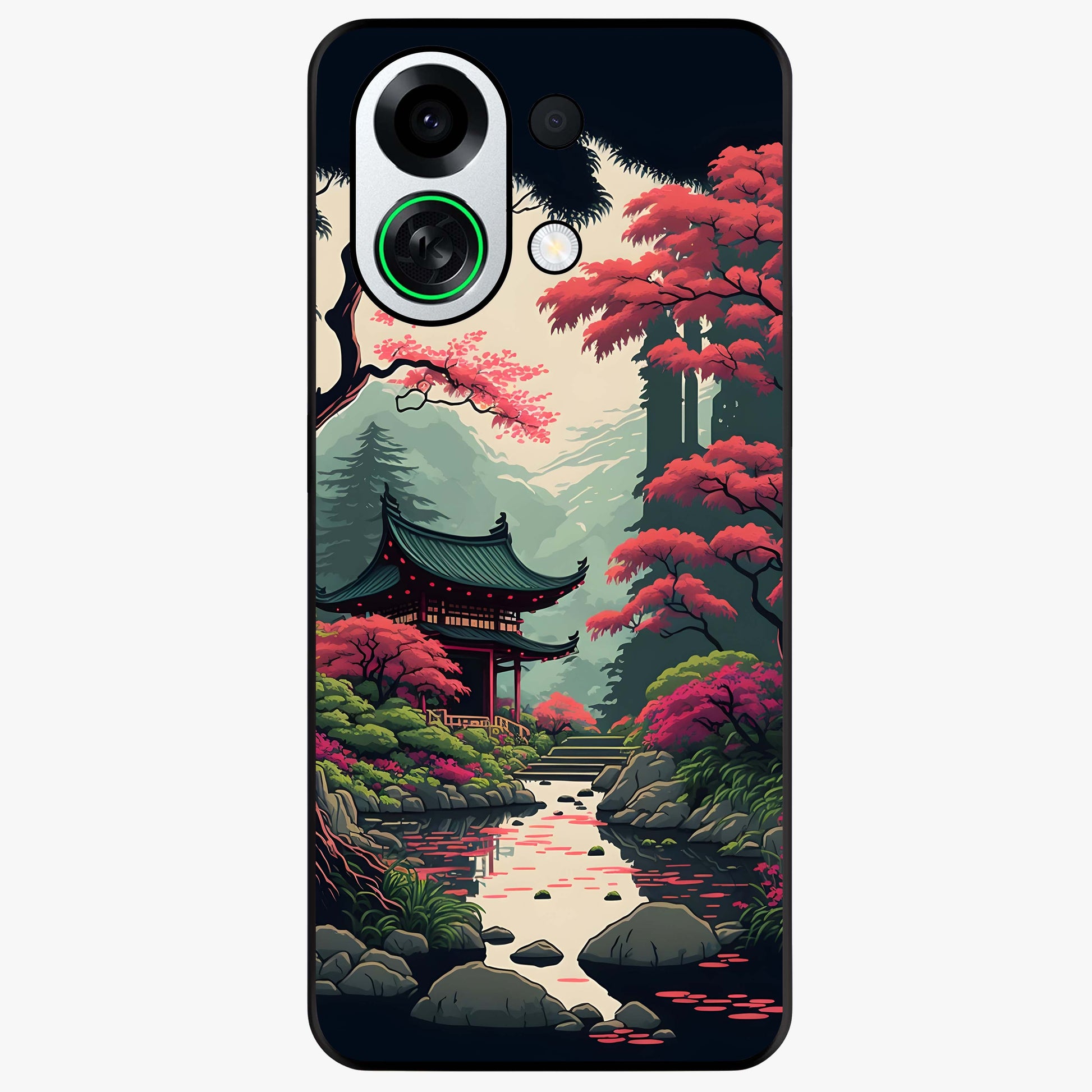 Crimson Temple View Glass Case showing flat back view with temple inspired artwork and glossy glass finish.