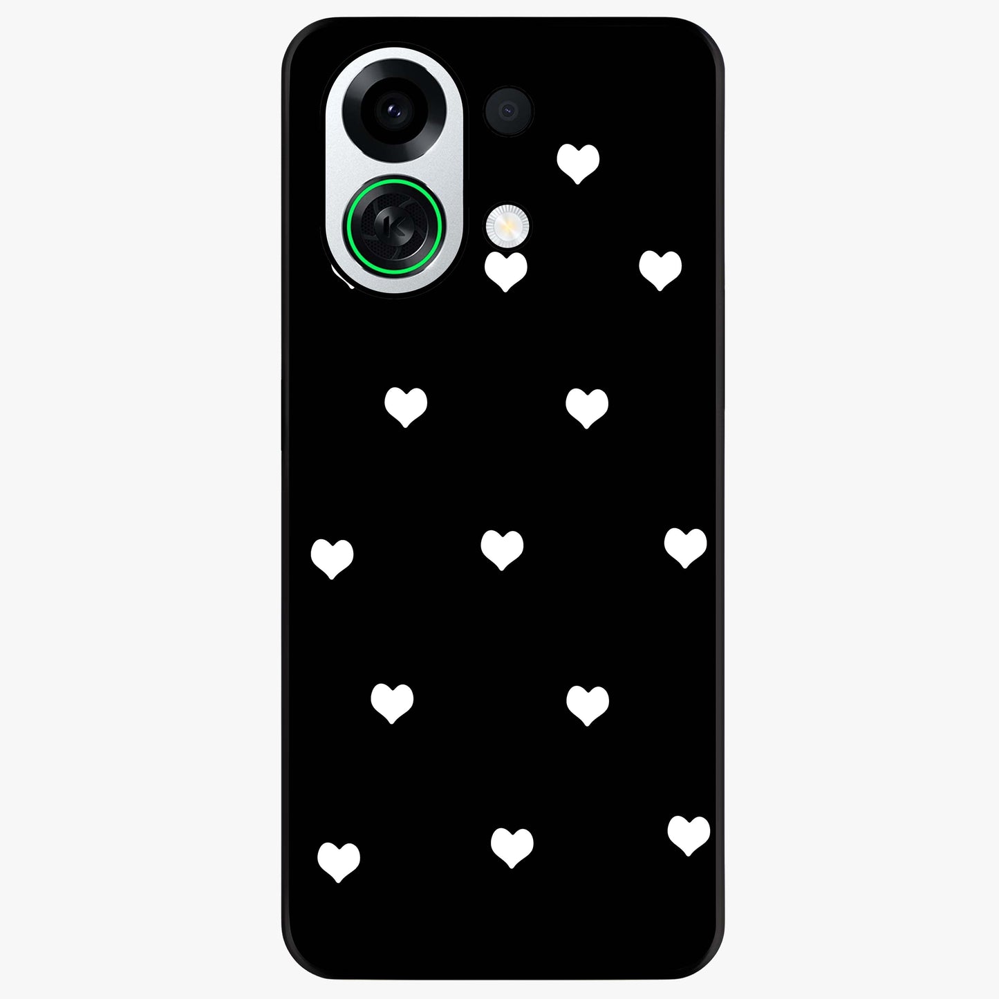 Cute And Simple White Hearts Glass Case showing flat back view with minimal white heart pattern and glossy glass finish.