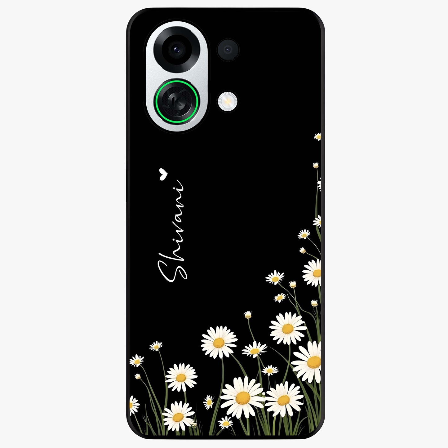 Daisy Cascade Custom Name Glass Case showing flat back view with cascading daisy flowers and personalized name design.