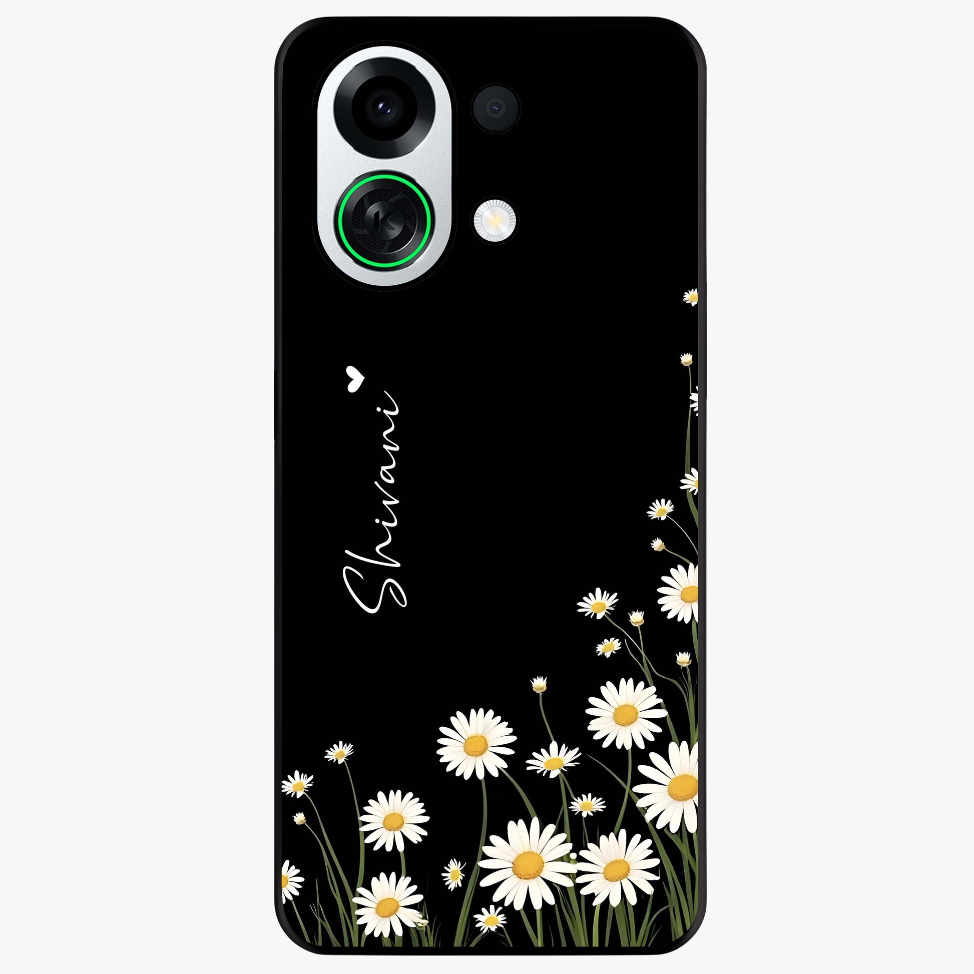 Daisy Cascade Custom Name Glass Case showing flat back view with cascading daisy flowers and personalized name design.
